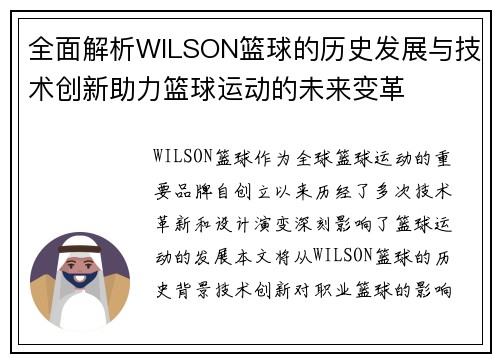 全面解析WILSON篮球的历史发展与技术创新助力篮球运动的未来变革