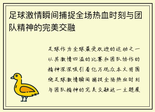 足球激情瞬间捕捉全场热血时刻与团队精神的完美交融