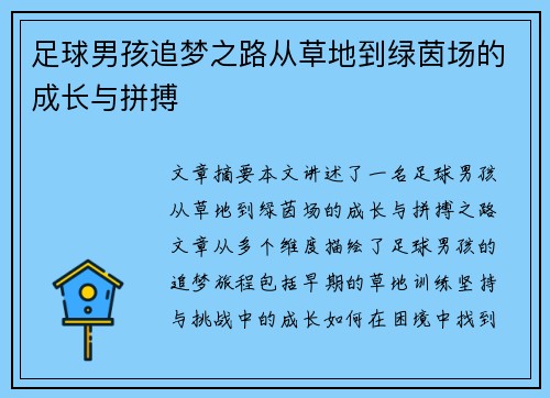 足球男孩追梦之路从草地到绿茵场的成长与拼搏